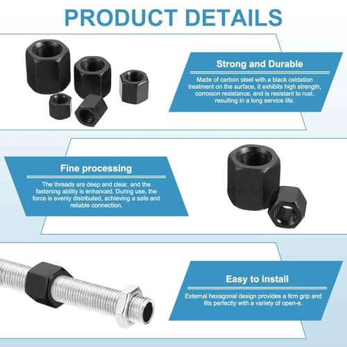 MECCANIXITY M20x1.5mm Hex Coupling Nuts 31mm/1.2" Fine Thread Black 2Pcs - size: M20 x 1.5 x 31mm
