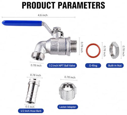 TIZZE 1/2 inch Stainless Steel Ball Valve Weldless Bulkhead for Building Home Brew Kettle/Mash Tun