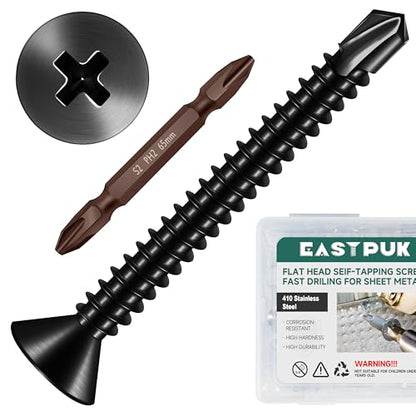 200pcs #8 x 1-1/2 Sheet Metal Self Tapping Screws Assortment Kit, 410 Stainless Steel Flat Head High-Strength Fast Self-Drilling Screws, Black Oxided - size: #8x1-1/2"