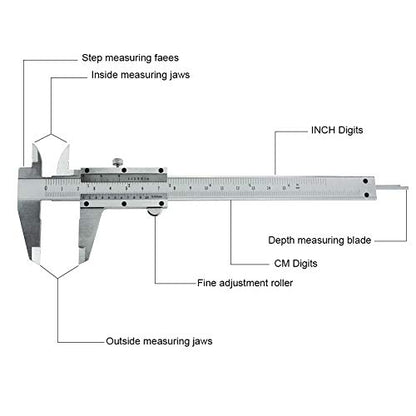 Vernier Caliper, 6 Inch/150mm Professional Micrometer Stainless Steel Caliper Measuring Tool for Inside, Outside, Depth and Step Measurements