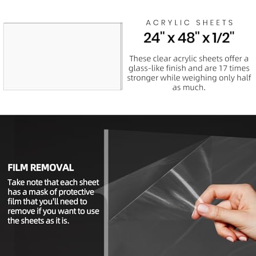 CALPALMY (2 Pack) 1/2" Thick Clear Acrylic Sheets 24" x 48", Pre-Cut Plexiglass Sheets for Craft Projects, Acrylic Signs, Display Cases or Shelving and More - Easy to Cut with Power Saw etc - color: Clear, size: 24x48", 1/2" Thick