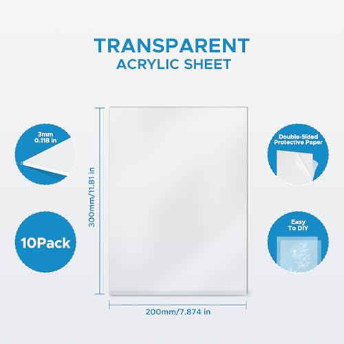 OMTech 10 Pack Clear Acrylic Sheets 12x8 Inch 3mm for Laser Engraving DIY - color: Clear, size: 12''x8''x1/8''