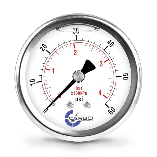 60 PSI Glycerin Liquid Filled Pressure Gauge, 2.5" Dial, 1/4 NPT Back Mount, 304 Stainless Steel Case, Brass Wetted Parts, Dual Scale PSI/Bar - ASME B40.1 Grade A - size: 0-60 PSI, style: STANDARD