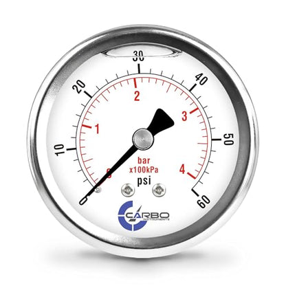 60 PSI Glycerin Liquid Filled Pressure Gauge, 2.5" Dial, 1/4 NPT Back Mount, 304 Stainless Steel Case, Brass Wetted Parts, Dual Scale PSI/Bar - ASME B40.1 Grade A - size: 0-60 PSI, style: STANDARD