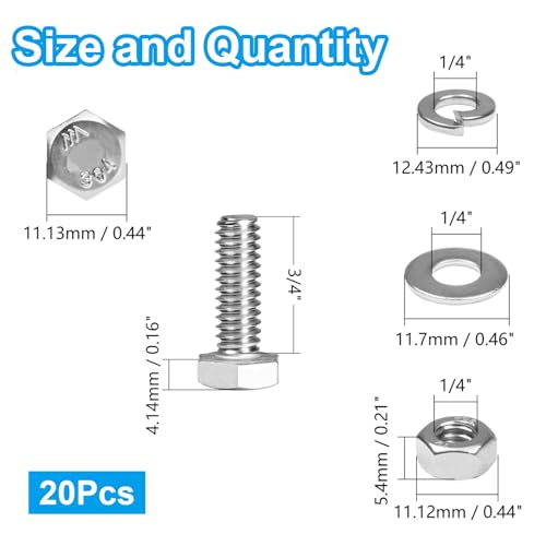 MroMax 20 Sets 1/4-20 x 3/4" Hex Head Screw Bolt, Nuts, Flat Washer & Spring Lock Washers Kits,Fully Threaded, Stainless Steel 18-8（304）, Bright Finish - size: 1/4-20 x 3/4" (20 Sets)