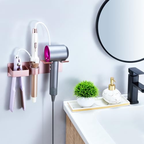 Hair Dryer Holder Wall Mount Curling Iron Holder Flat Iron Holder, Blow Dryer Holder Wall, 3 in 1 Bathroom Hair Tool Organizer Rack for Universal Hairdryer Straightener Curlings (Rose Gold) - color: Rose Gold