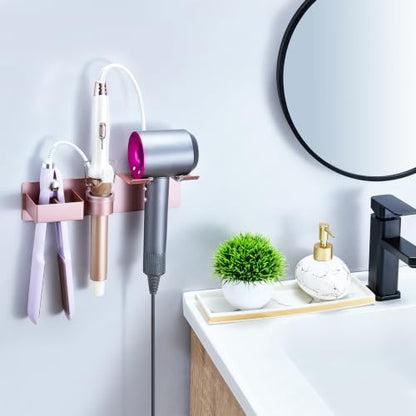 Hair Dryer Holder Wall Mount Curling Iron Holder Flat Iron Holder, Blow Dryer Holder Wall, 3 in 1 Bathroom Hair Tool Organizer Rack for Universal Hairdryer Straightener Curlings (Rose Gold) - color: Rose Gold