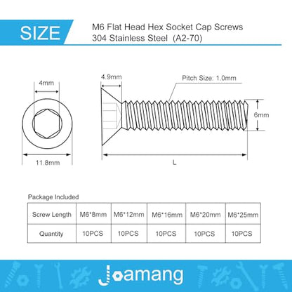 M6 x 8mm 12mm 16mm 20mm 25mm Flat Head Hex Socket Cap Screws Countersunk Bolts, Stainless Steel 304, Metric Allen Drive, Bright Finish, Fully Threaded, Assortment Kit 50PCS - size: M6x8/12/16/20/25 mm