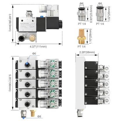 BAOMAIN 12V DC 3/2 Pneumatic Solenoid Valve 5 Station 3V210-08 Manifold Kit - size: 5-Station Valve Kit