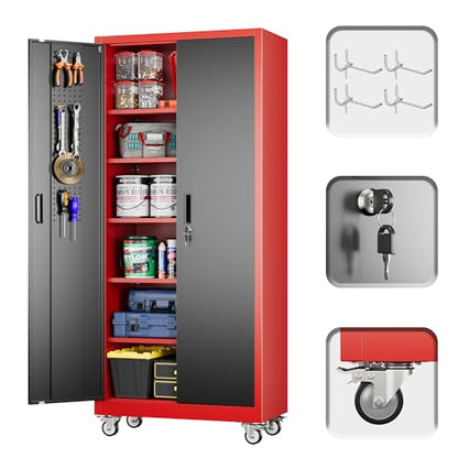 Reemoon Metal Garage Cabinet 71" H x 34" W x 18" D with Wheel,Pegboard,RB - color: Red-black, size: 18"D x 34"W x 71"H
