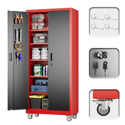 Reemoon Metal Garage Cabinet 71" H x 34" W x 18" D with Wheel,Pegboard,RB - color: Red-black, size: 18"D x 34"W x 71"H