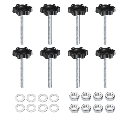 uxcell 8pcs Star Clamping Knobs with Nuts Washers, M6 x 55mm Metric Zinc Plated Carbon Steel Male Thread 32mm 6-Star Plastic Head, Threaded Stud Hand Knobs Handles Thumb Screws, Black - size: M6 x 55mm