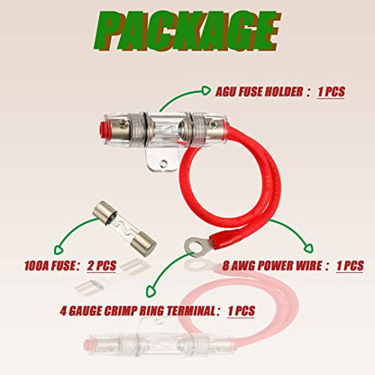 100A AGU Fuse Holder with 8 Gauge AWG 1ft Power Wire - 99.9% Oxygen-Free Copper - size: 100A