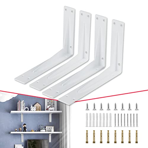 CLT 16” White Shelf Bracket, 1/5" Thick – Heavy Duty Corner Brace, Supports 440 lbs, Industrial Modern Farmhouse Style – Right Angle Bracket for Tables, Benches, DIY Space-Saving Projects (Pack of 4) - color: White L Gusset, size: 16 inches