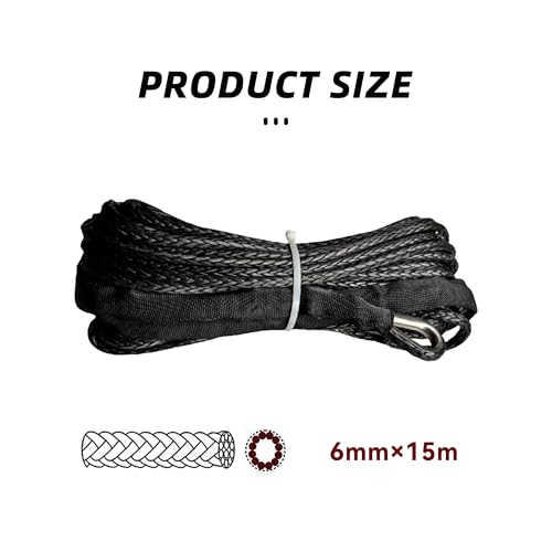 1/4 Inch x 50 Foot 10000 lb Synthetic Winch Rope Kit, Black - color: Black