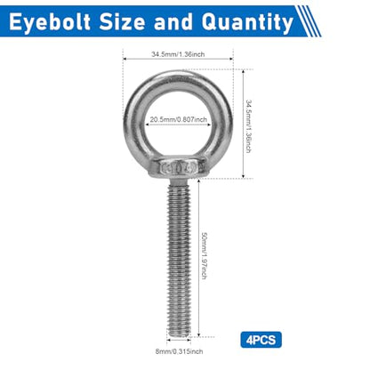 4 Pack M8 Eye Bolts, 2" Thread Stainless Steel with Nuts - size: M8*50