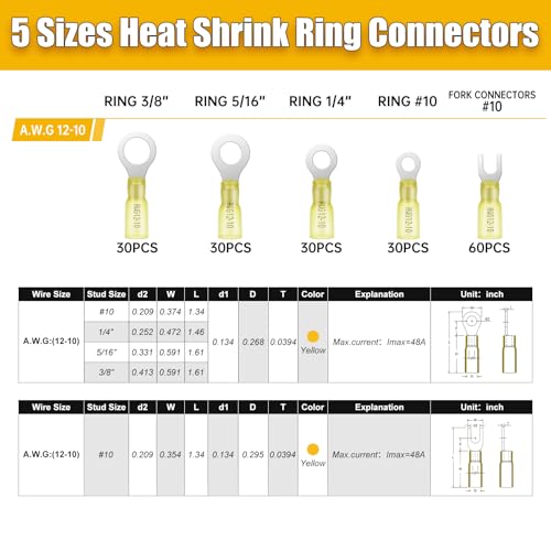 180PCS Marine Grade Heat Shrink Wire Connectors-Electrical Connectors Kit of Tinned Red Copper,Crimp Insulated Ring Fork Spade Butt Splice AWG12-10 Gauge (180pcs Yellow, AWG 12-10) - size: AWG 12-10, style: 180pcs Yellow