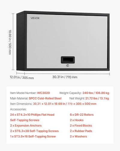 VEVOR Metal Wall Cabinet, 30.31 x 12.01 x 19.69 Inch, Floating Garage Tool Cabinet with Up-Flip Door and Shelf, 240 lbs Load Capacity, Fit for Garage, Basement, Kitchen, Warehouse Assembly Required - size: Upgrade Flip up 20"