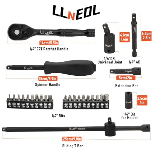 LLNEDL 1/4 Inch Drive Impact Socket Set, 83Pcs Socket Wrench Set Metric & SAE from 4-15mm, 5/32-9/16", 6 Point CR-V Deep & Shallow Sockets Kit with 72T Ratchet Handle, E Torx, for Automotive & Home - size: 83pcs 1/4 inch socket set