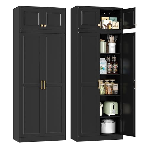 86" Tall Pantry Cabinet, Metal Storage Cabinet with Doors - color: Black, size: 86"H-Square