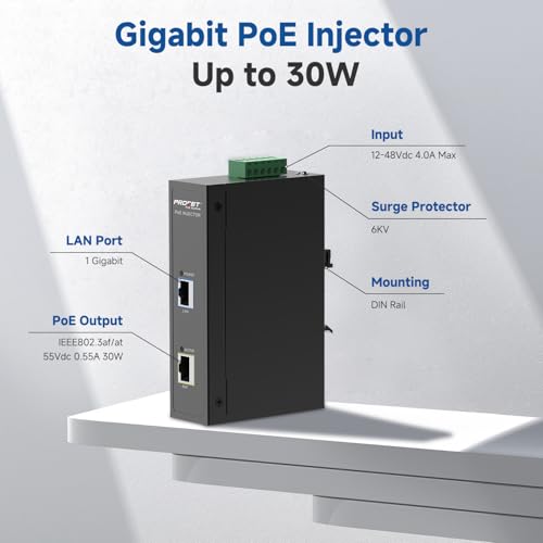 PROCET Gigabit PoE Injector DIN Rail 30W PoE+ Power Adapter, 6KV Surge Protection, -40℉ to 149℉ for for Wireless Access Point, mmWave Bridge, PTZ/IR/AI Camera, Small Cell, Smart Factory - color: LAN, size: 30W