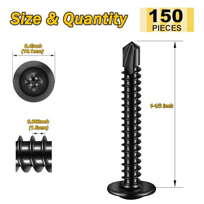 Mywish 150Pcs #10×1-1/2" Black Self Tapping Screws for Metal, 410 Black Metal Screw Oxide, Stainless Steel Truss Head Self Drilling Screws High-Strength - color: Black, size: #10x1-1/2" (150 pcs)