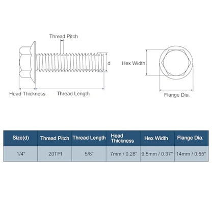 uxcell 10Pcs 1/4-20 x 5/8" Flanged Hex Head Bolts, 304 Stainless Steel Flange Hexagon Screws, Flange Hex Drive Screws 5.8 Grade for Machinery Industry Home Appliances, Silver - color: Silver, size: 1/4-20 x 5/8"