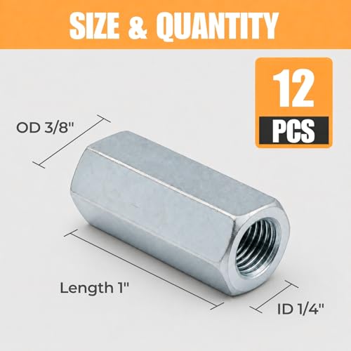 1/4-20 Hex Coupling Nut, Pack of 12 Zinc-Plated Carbon Steel Rod Coupler Extension Joiner - color: Silver, size: 1/4-20 x 1"