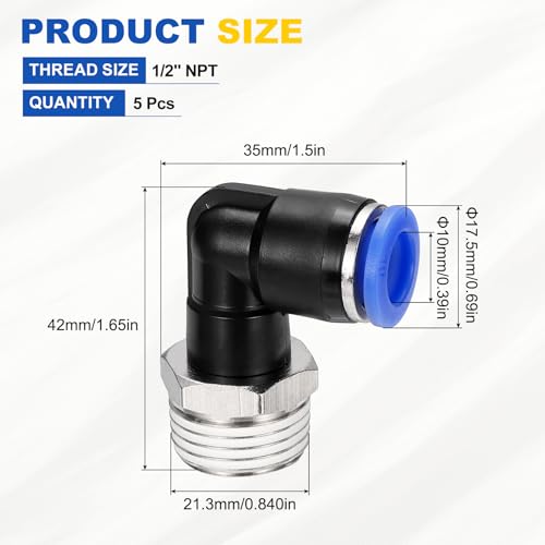 5Pcs Male Elbow Push to Connect Fitting Fit 10mm OD Tube 1/2" NPT - color: Blue, size: 10mm OD x 1/2" NPT