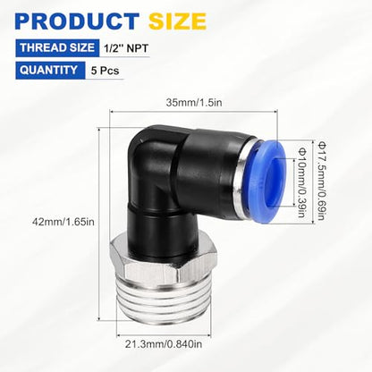 5Pcs Male Elbow Push to Connect Fitting Fit 10mm OD Tube 1/2" NPT - color: Blue, size: 10mm OD x 1/2" NPT