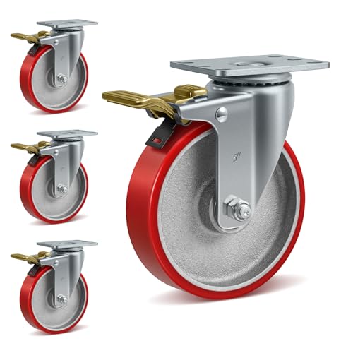 5" Industrial Heavy Duty Casters Set of 4, Polyurethane on Cast Iron Caster Wheels, 4 Total Lock Brake Casters, 2200 lbs Capacity, for Cart, Workbench, Toolbox, Equipment - style: 5" Wheel