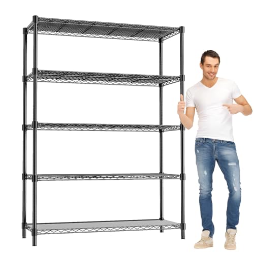 48" W Garage Shelving 1875LBS Heavy Duty Wire Shelving Unit, Metal 5-Tier Adjustable Steel Storage Rack with Liners, Storage Tote Rack, 48" W x 18" D x 72" H for Garage Commercial, Black - color: Black, size: 48" W x 18" D x 72" H-5 Tier
