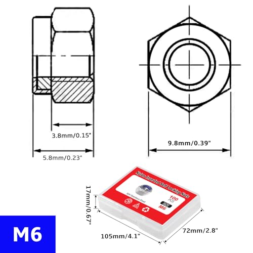 100 Pcs M6 x 1.0mm Nylon Inserted Self Locking Nuts Hex Lock Nuts Assortment 304 Stainless Steel Self Clinching Nut Plain Finish Inserted Hex Lock Nut with Storage Box - size: M6