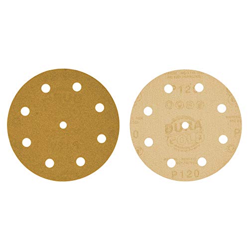 Dura-Gold 5" Gold Sanding Discs, 120 Grit, Box of 50, 9 Hole Pattern, H & L - size: 120-Grit