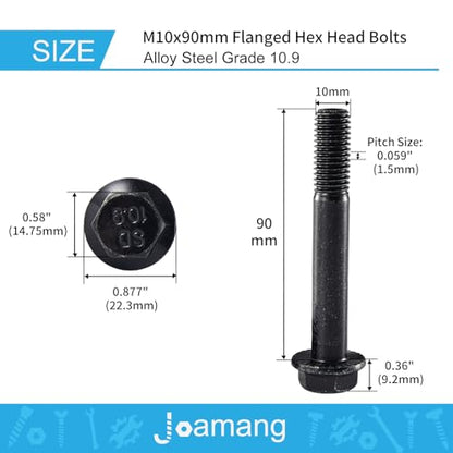 M10 x 90mm 6Pcs Flanged Hex Head Bolts, M10 x 1.5 Bolts, Flange Hexagon Head Screws, 10.9 Grade Alloy Steel, Black Oxide Finish, Metric Machine Threaded, Half Thread - size: M10 x 90mm(6PCS)