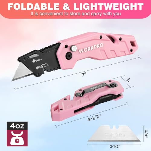 WORKPRO Folding Utility Knife, Quick Change Box Cutter, Pink - color: Pink