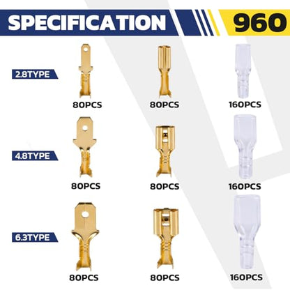 haisstronica 960 PCS Brass Open Barrel Spade Connector, 3 Widths - color: Gold, size: 960