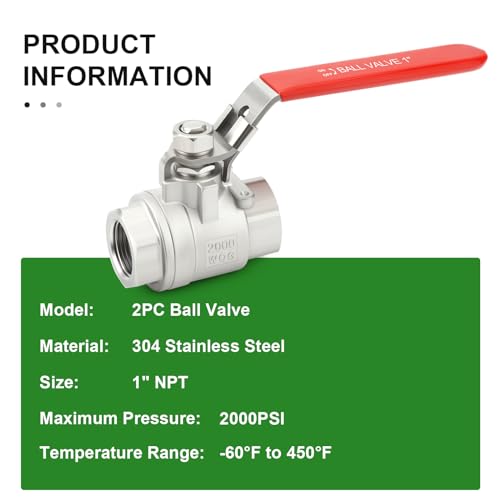 TAISHER 1PCS 1" FNPT Heavy Duty 2PC Ball Valve 304 Stainless Steel with Red Handles W0G2000 - size: 1" FNPT