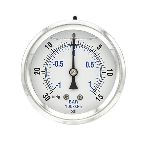 PIC Gauge PRO-204L-254CB Glycerin Filled Industrial Front Flanged Panel Mount Pressure Gauge with Stainless Steel Case, Brass Internals, Plastic Lens, 2-1/2" Dial Size, 1/4" Male NPT, 30/0/15 psi - style: 30” Hg Vac/0/15 PSI