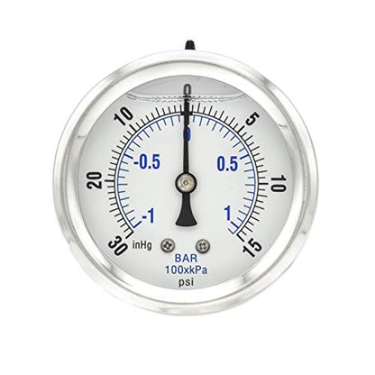PIC Gauge PRO-204L-254CB Glycerin Filled Industrial Front Flanged Panel Mount Pressure Gauge with Stainless Steel Case, Brass Internals, Plastic Lens, 2-1/2" Dial Size, 1/4" Male NPT, 30/0/15 psi - style: 30” Hg Vac/0/15 PSI