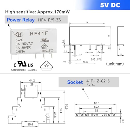3 Pcs Miniature 5 Volt DC Relay HF41F/5-ZS 5 Pin 1NO 1NC 6A SPDT with LED Indicator, Socket Base and DIN Rail Module - size: 5V DC