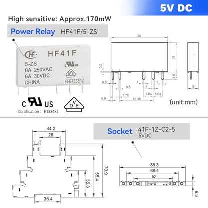 3 Pcs Miniature 5 Volt DC Relay HF41F/5-ZS 5 Pin 1NO 1NC 6A SPDT with LED Indicator, Socket Base and DIN Rail Module - size: 5V DC