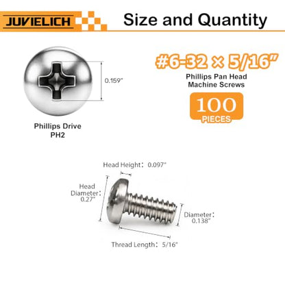 100PCS #6-32 x 5/16" Machine Screws, Phillips Pan Head, 304 Stainless Steel - size: 6#-32 x 5/16"