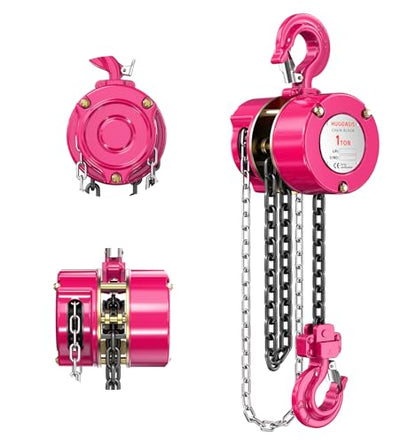 1 Ton Chain Hoist, 2200 lbs Capacity Manual Chain Block with 10 FT Lift, G80 Steel Chain, Dual Brake System & Safety Hooks, Compact Low Headroom Hoist for Garage, Warehouse,Construction Sites - color: Pink, size: 1Ton 10FT