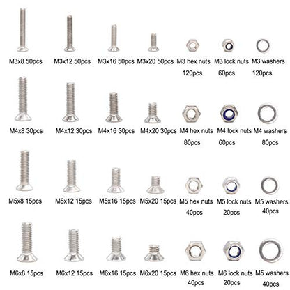1020pcs M3 M4 M5 M6 Flat Phillips Countersunk Head Machine Screws Bolts Nuts Washers Assortment Kit, 304 Stainless Steel, Silver Tone - size: M3 M4 M5 M6 1020pcs (Countersunk Head-304)