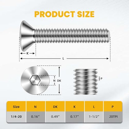 1/4-20 x 1-1/2" Flat Head Socket Cap Screws Countersunk Bolts, Allen Socket Drive, Stainless Steel 18-8 (304), Bright Finish, 50 PCS - color: Silver, size: 1/4-20 x 1-1/2"