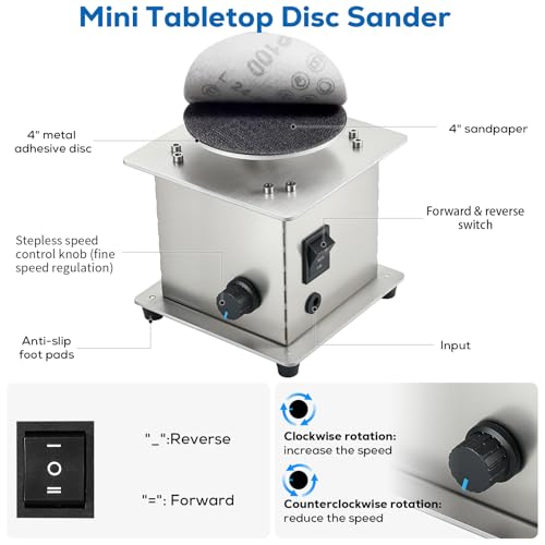 Mini Tabletop Disc Sander, 4” Electric Bench Sanding Machine with 20 Sandpapers, Stepless Speed Control 0-6000 RPM, Forward/Reverse Switch, DIY Woodworking & Craft Tool