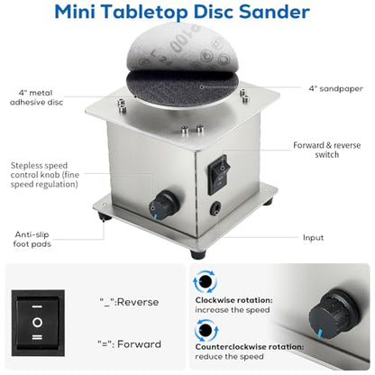 Mini Tabletop Disc Sander, 4” Electric Bench Sanding Machine with 20 Sandpapers, Stepless Speed Control 0-6000 RPM, Forward/Reverse Switch, DIY Woodworking & Craft Tool