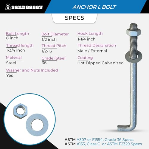 Sandbaggy 1/2" x 8" Threaded Concrete Anchor L-Bolts (Nuts & Washers Included) - Hot Dipped Galvanized - Sill Plate, Base Plate, Masonry, Wood, Cement Anchors, J Bolt (50, 1/2" x 8") - size: 1/2" x 8"
