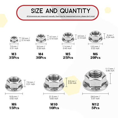 Hilitchi 140-Pcs M3 M4 M5 M6 M8 M10 M12 Hex Flange Nuts Assortment Kit - 304 Stainless Steel - size: 140Pcs Metric Hex Flange Nuts